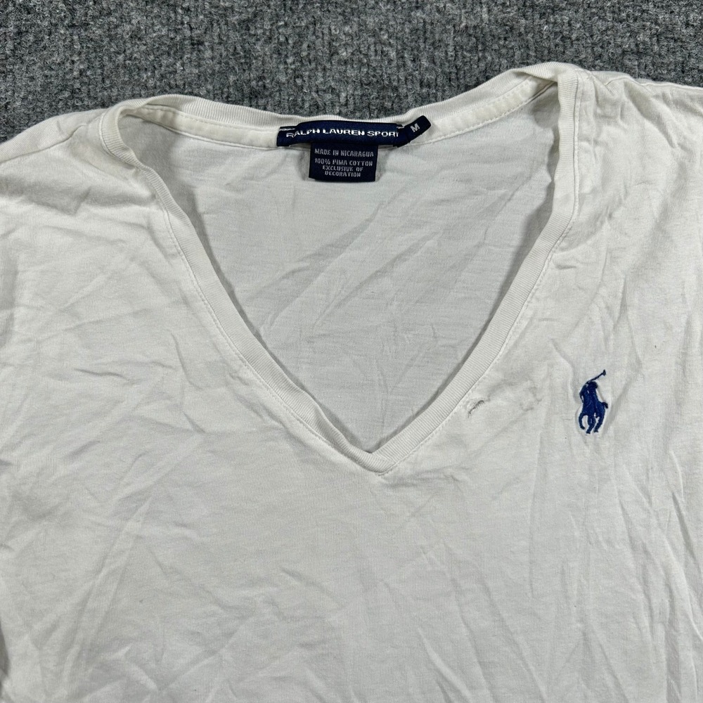 Ralph Lauren Sport V-Neck Womens Size M White Pima Cotton Long Sleeve Pony Logo